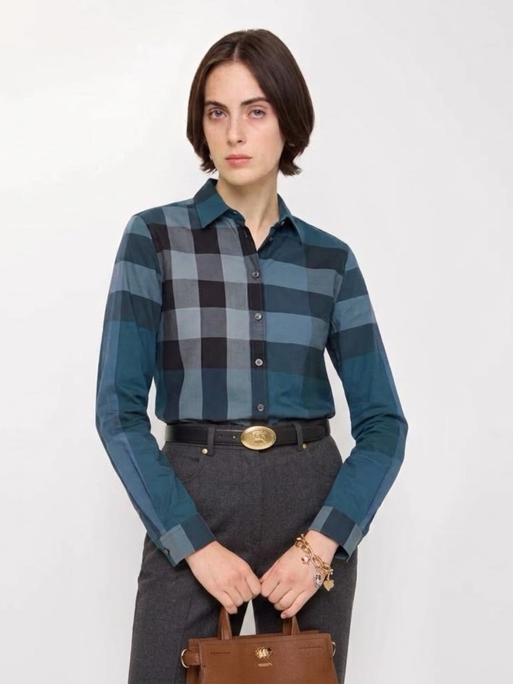 BURBERRY Women's Slim Fit Check Cotton Shirt - Blue, X-Small